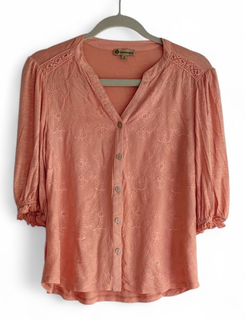 Democracy Peach 3/4 Sleeve Floral Embroidered Boho Shirt Size M